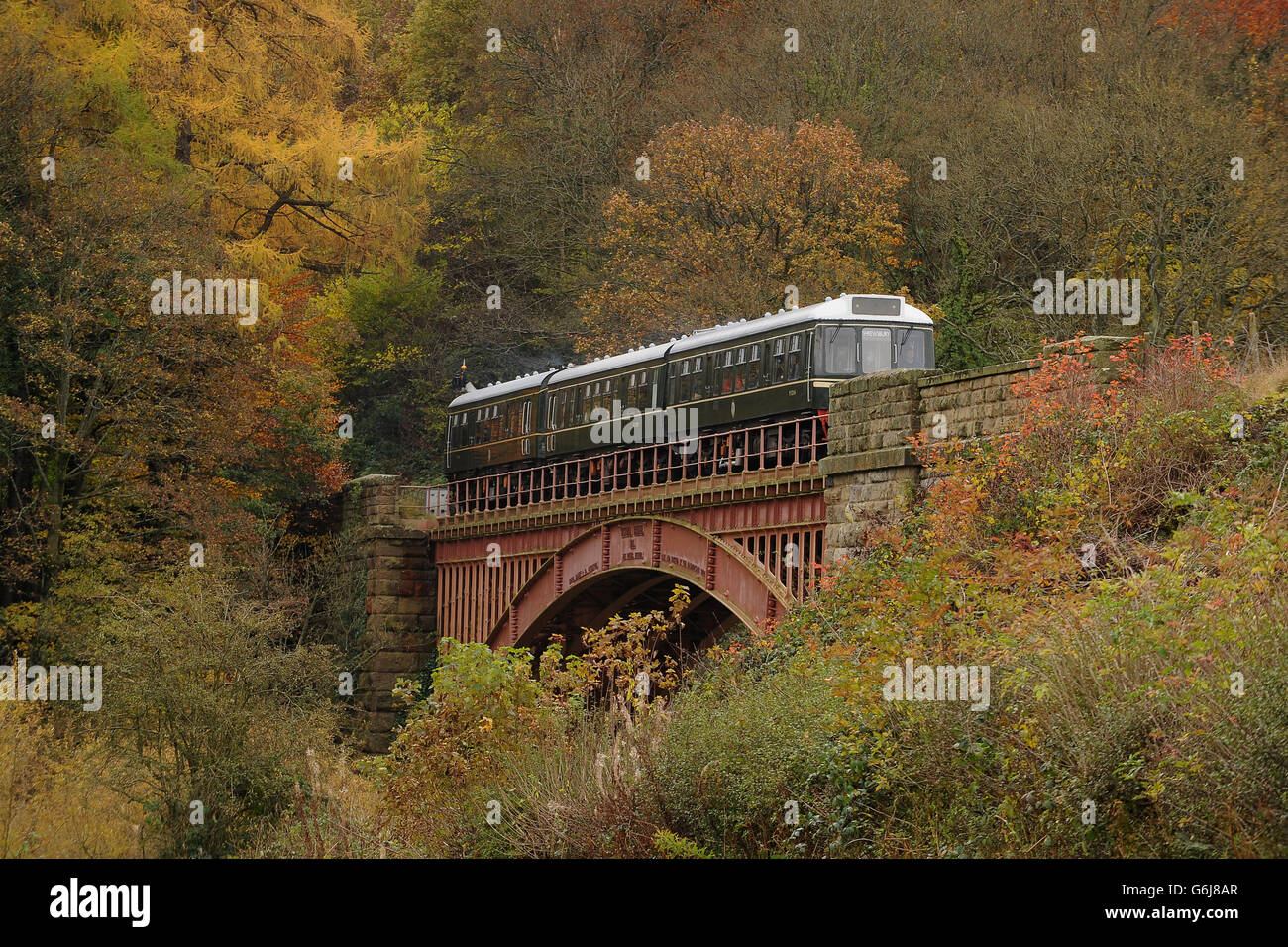 Ein Dieselzug überquert die Victoria Bridge über den Fluss Severn zwischen Bewdley und Arley mit der Severn Valley Railway, Worcestershire. DRÜCKEN SIE VERBANDSFOTO. Bilddatum: Samstag, 16. November 2013. Bildnachweis sollte lauten: Joe Giddens/PA Wire Stockfoto