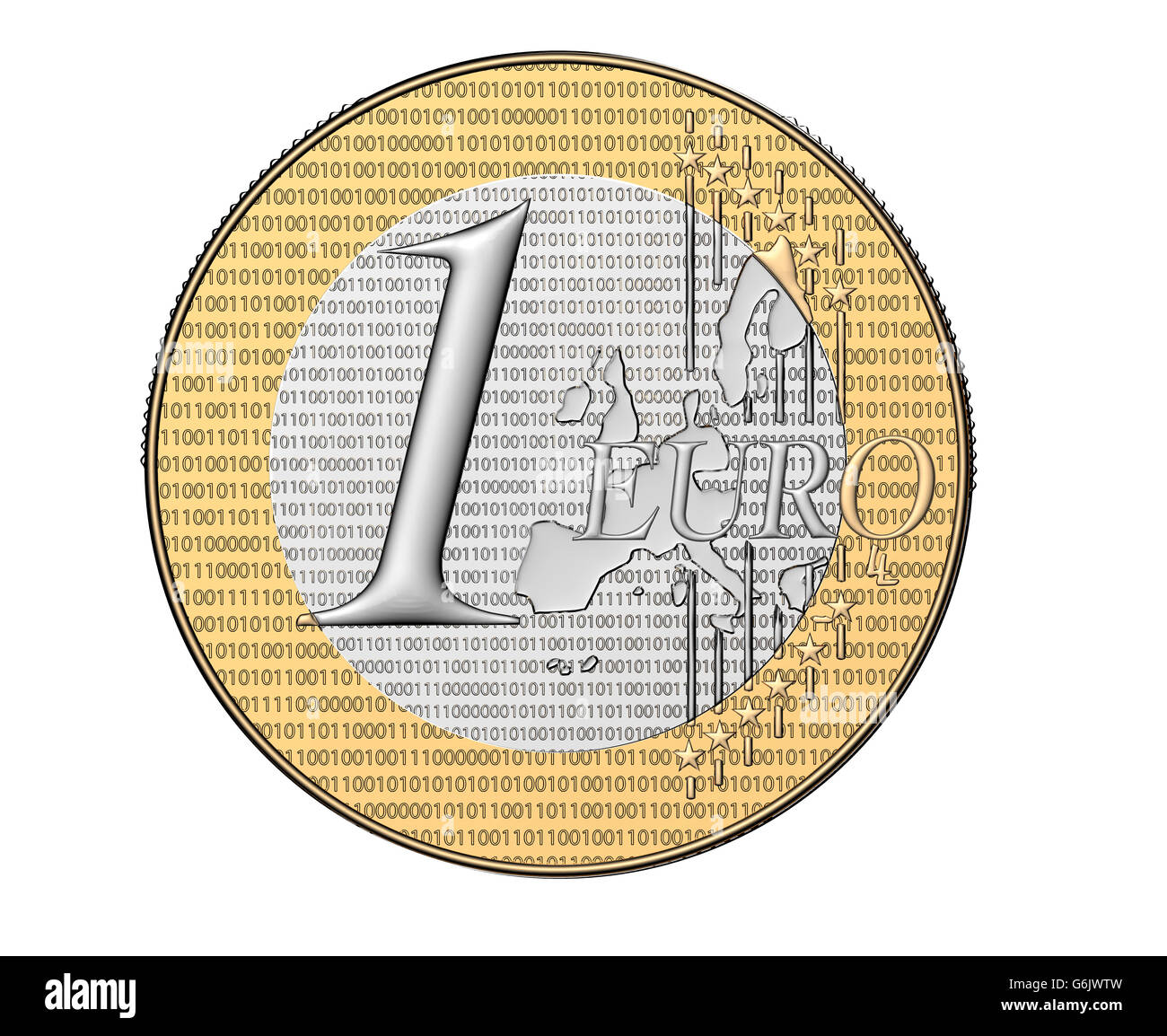 Digital-Euro-Münze mit binären Code isoliert auf weiss, 3d Illustration Stockfoto