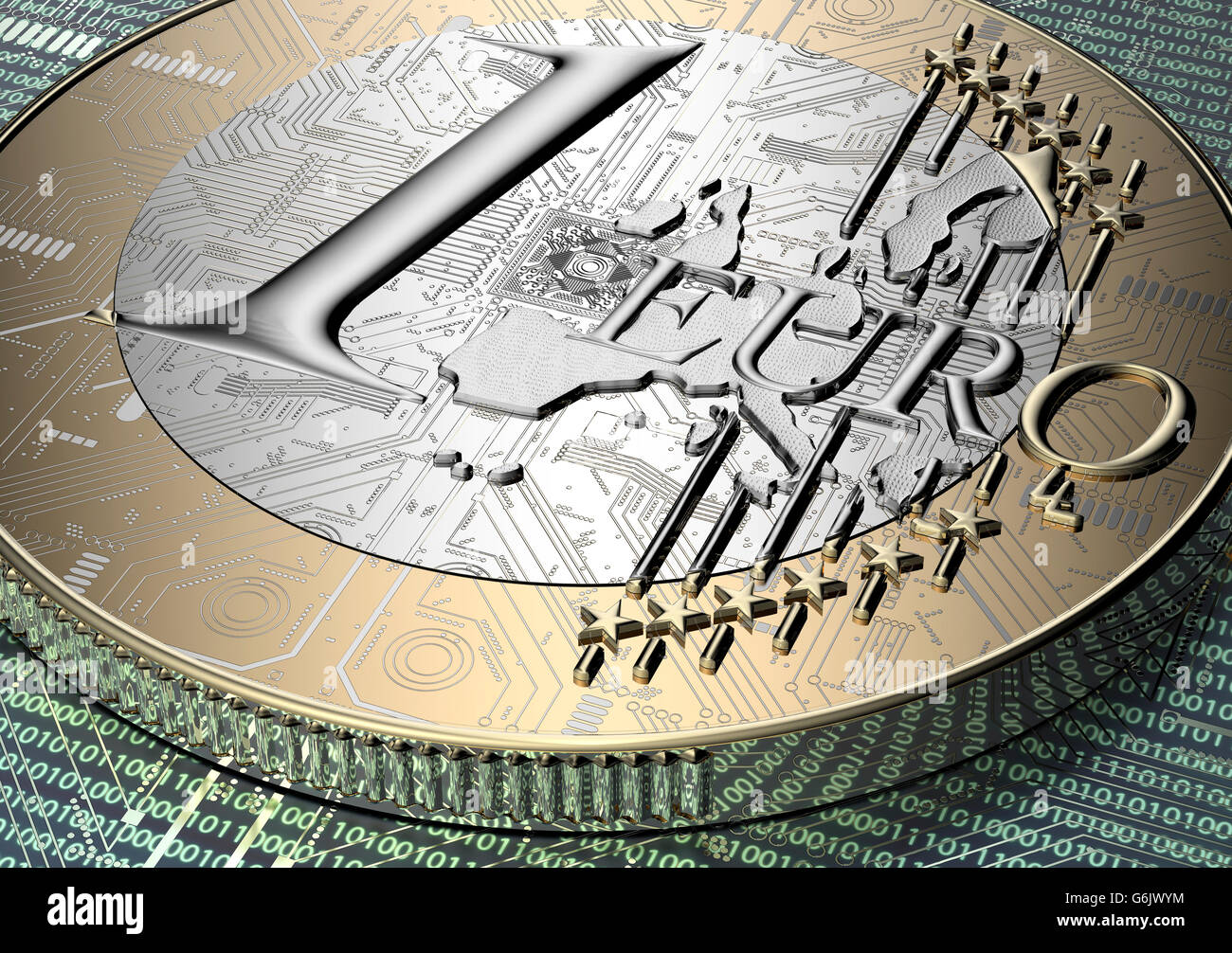 Euro-Münze mit elektronischen Cuircuit im digitalen Umfeld, 3d illustration Stockfoto