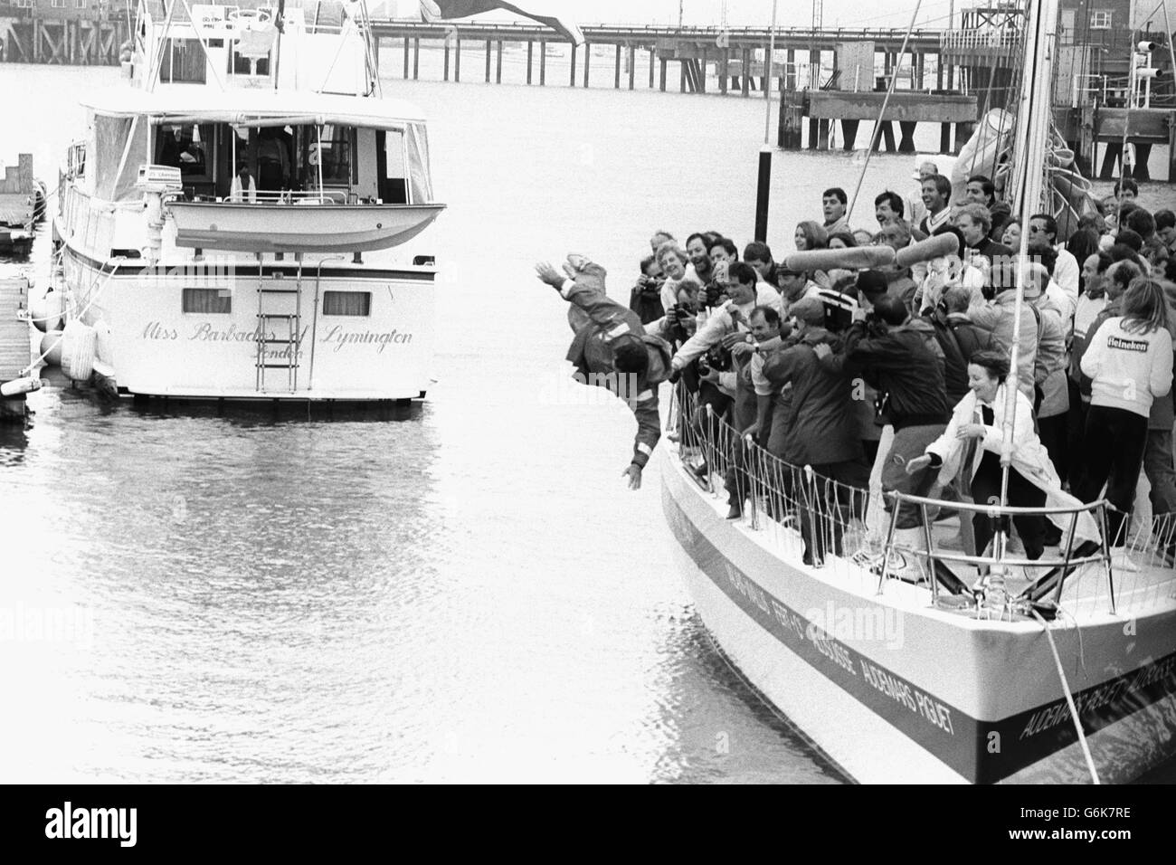 1986-Whitbread rund um die Welt Rennen - UBS Schweiz Skipper Pierre Fehlmann - Portsmouth Stockfoto