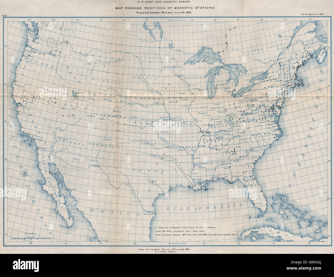 USA: Magnetische Untersuchung Stationen. USCGS, 1889 Antike Landkarte Stockfoto