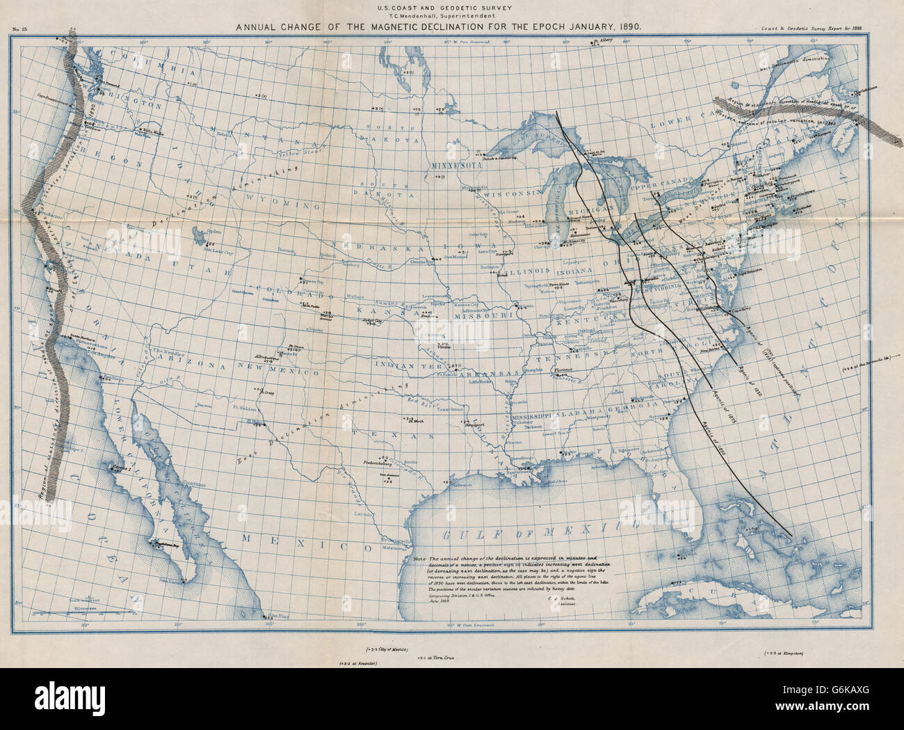 USA: magnetische Deklination jährliche Veränderung. Agonic Linien 1797-1890. USCGS, 1889-Karte Stockfoto