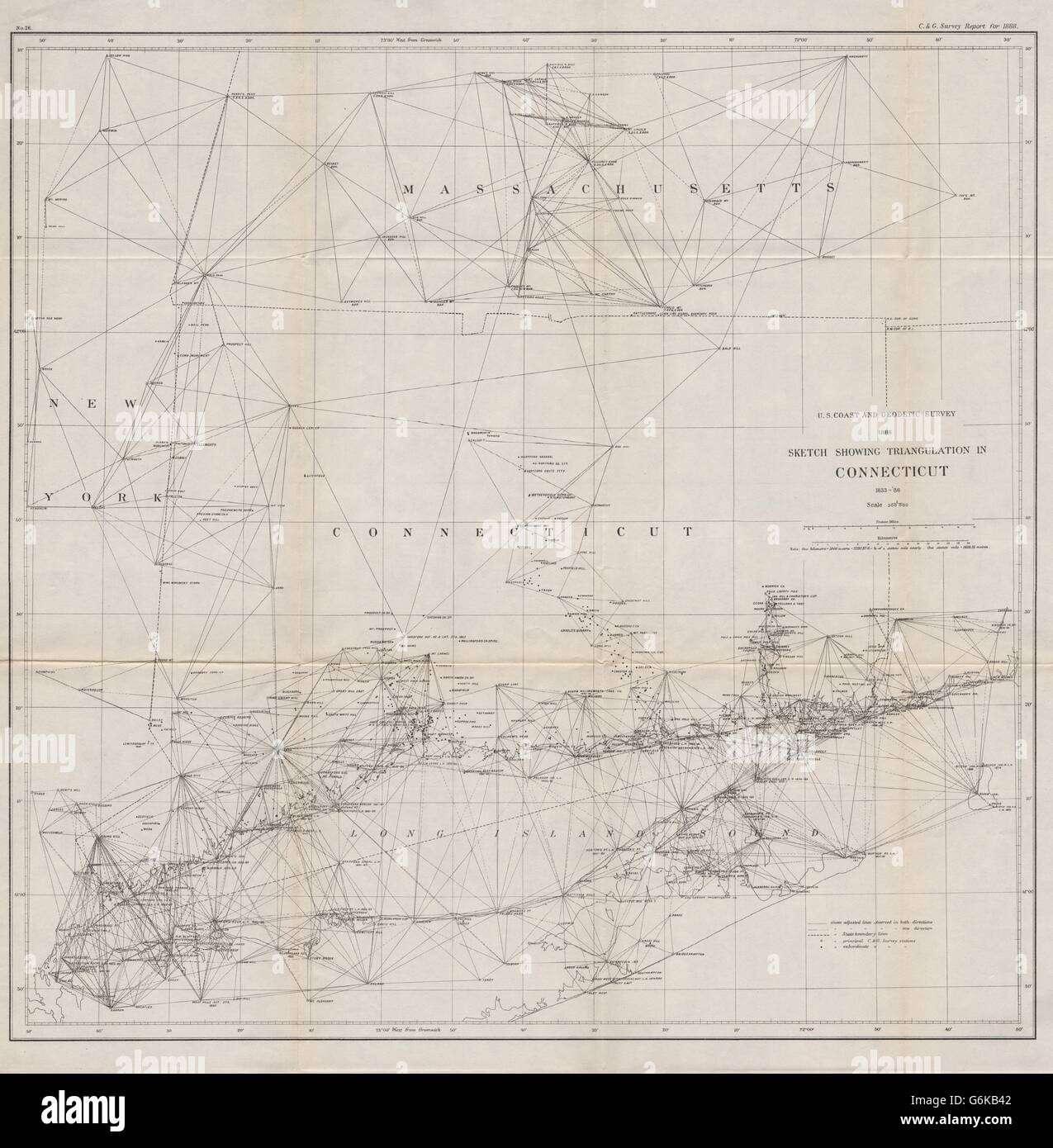 CONNECTICUT Küste Umfrage: Long Island Sound. Triangulation. USCGS, 1889-Karte Stockfoto