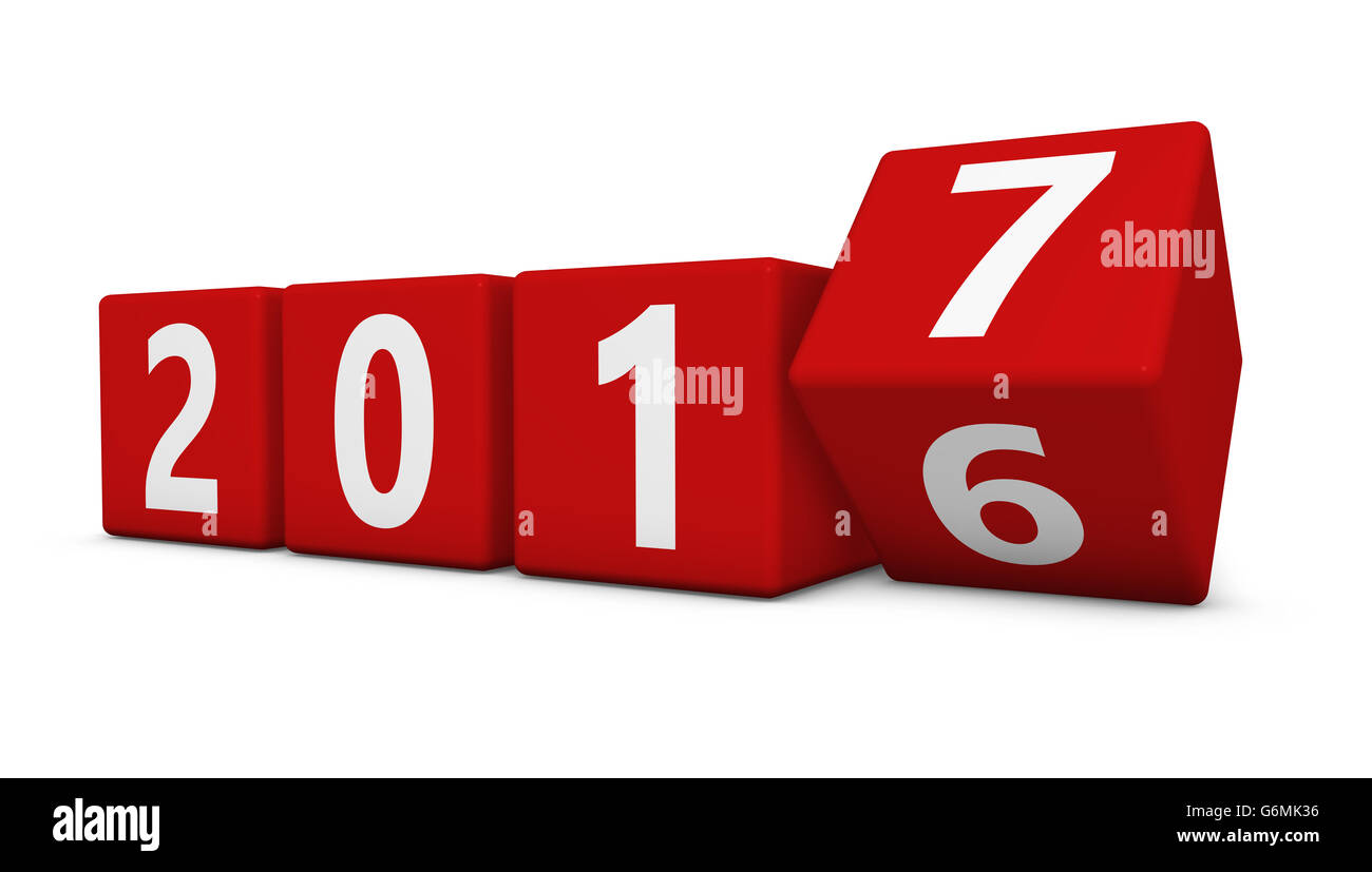 Neue Jahr 2017 Konzept mit vier rote Würfel und 2016-7 Zahlen 3D Illustration isoliert auf weißem Hintergrund. Stockfoto