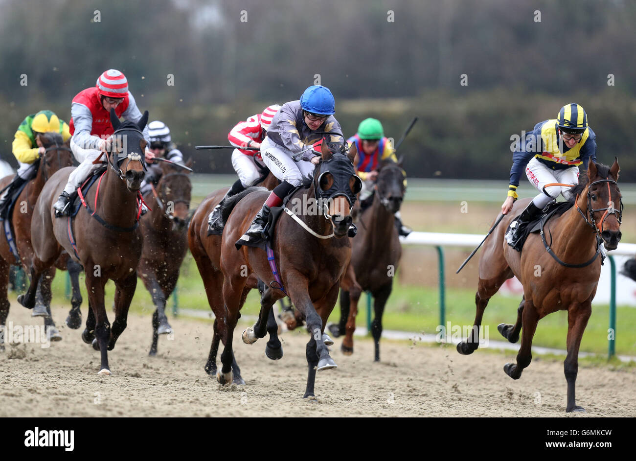 Pferderennen - Rennbahn Lingfield Park. Kyllachy Star (Mitte) mit George Chaloner gewinnt den Download the Ladbrokes App Handicap Stakes auf der Lingfield Park Racecourse in Surrey. Stockfoto