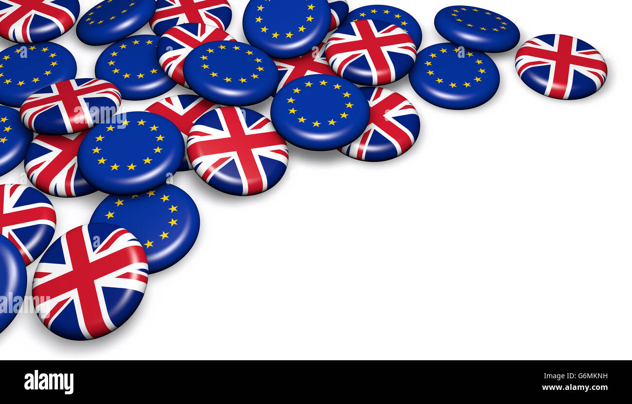 Brexit britischen Referendum Konzept mit EU und UK Flagge auf Abzeichen 3D-Illustration mit Exemplar. Stockfoto