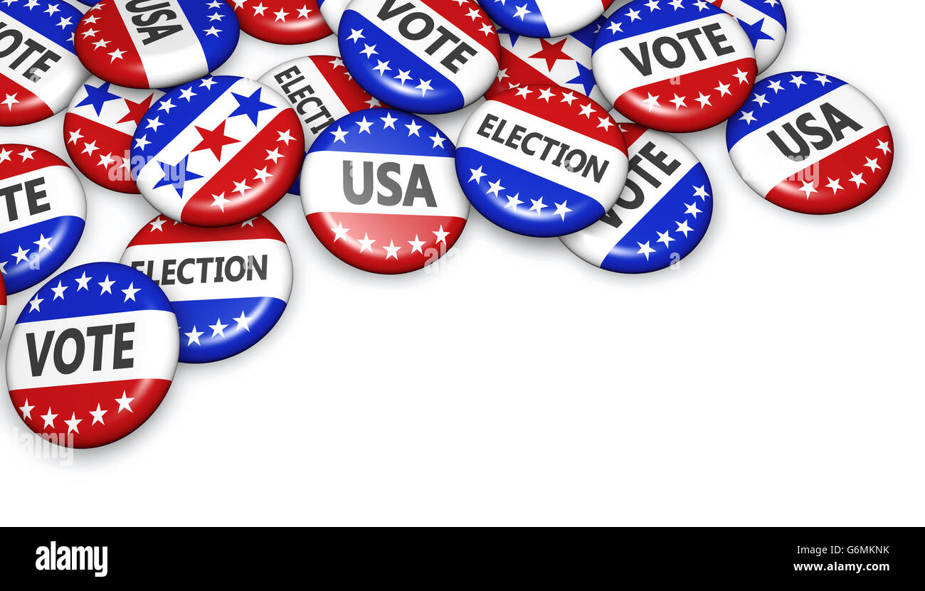 US-Präsidentschaftswahl in USA-Abstimmung-Konzept mit Zeichen auf Kampagne Abzeichen mit 3D Abbildung Exemplar. Stockfoto