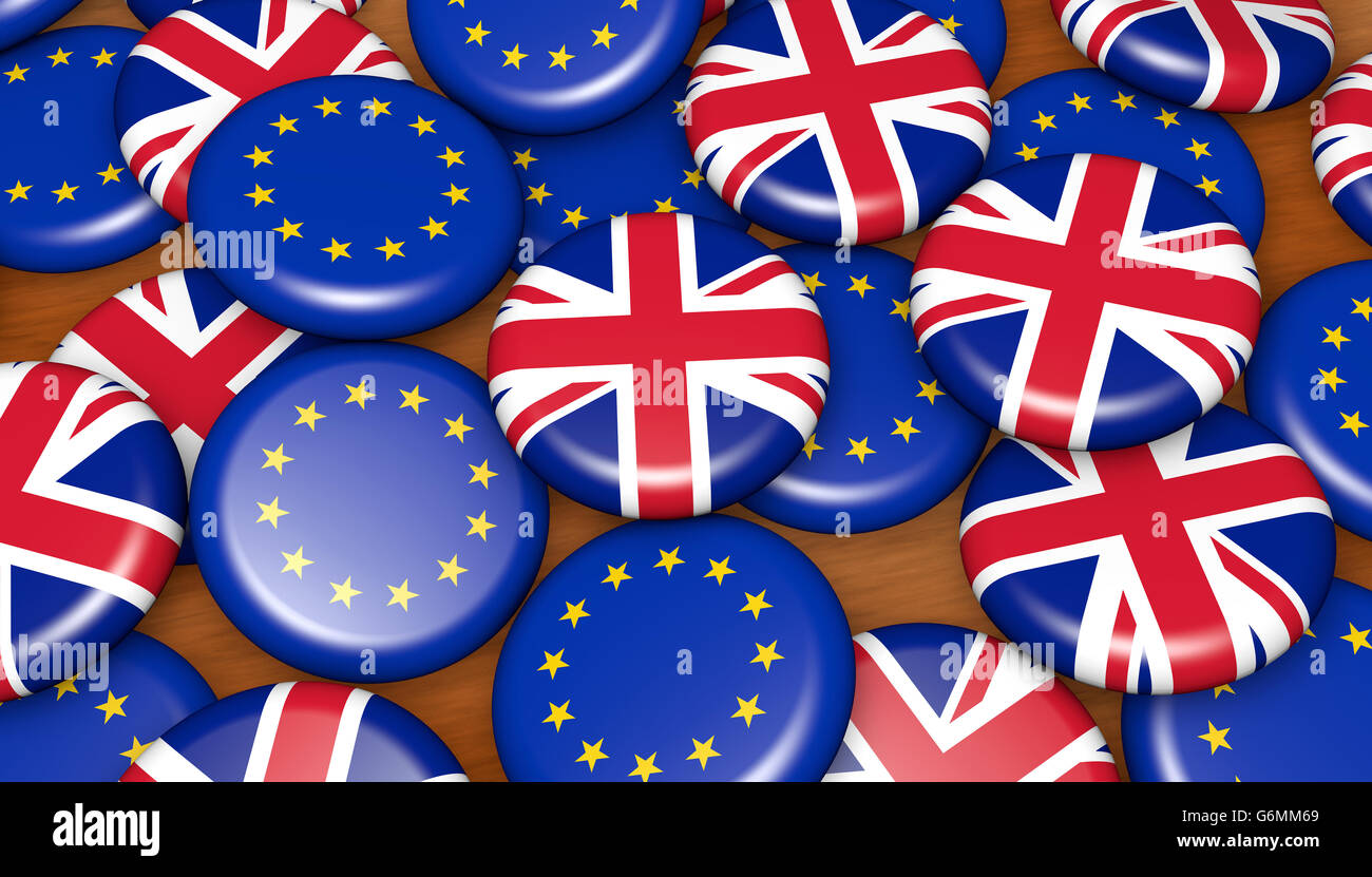 Brexit britischen Referendum Finanzkonzept mit EU und UK Flagge auf Pin Abzeichen 3D Illustration Hintergrund. Stockfoto