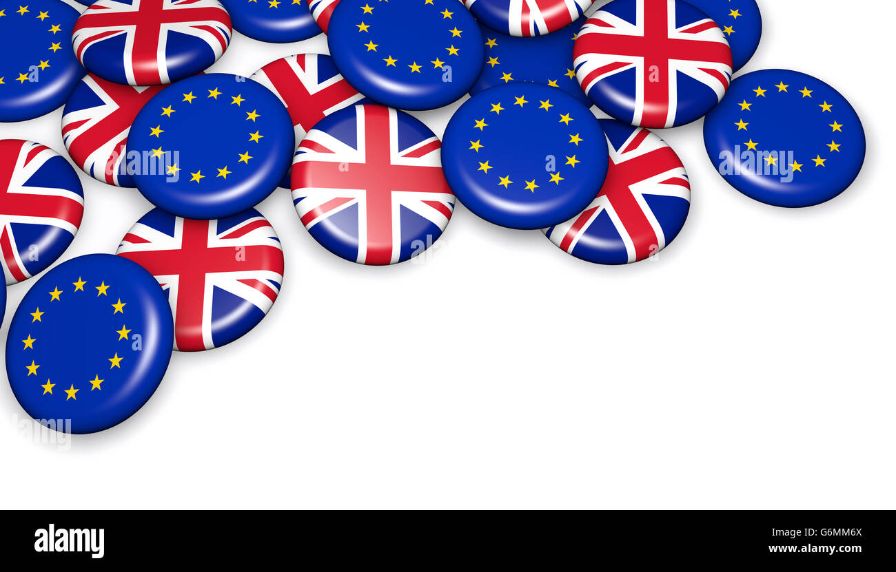 Brexit britischen Referendum Konzept mit EU und UK Flagge auf Abzeichen 3D-Illustration mit Exemplar. Stockfoto