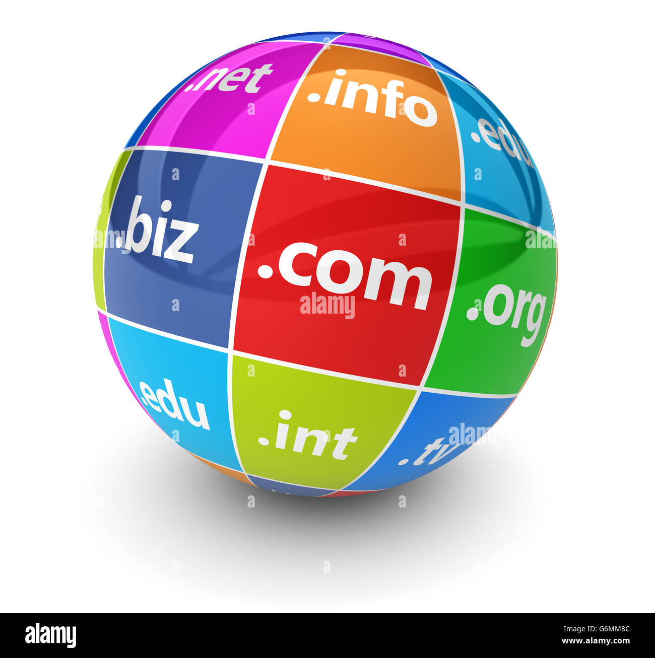 Website-hosting und Internet-Domain-Namen web-Konzept mit Domänen Zeichen und Wort auf eine bunte Kugel 3D Illustration auf weiß. Stockfoto