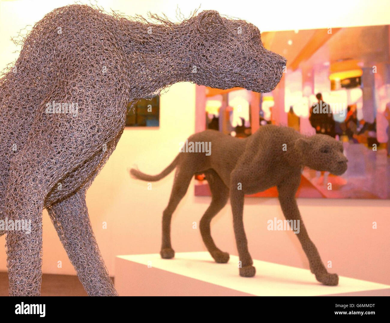 Geparde aus Hühnerdraht, aus einem Set namens "Strauß und Geparde" von Kendra Haste am Stand der Patrick Davies Gallery im Rahmen der London Art Fair im Business Design Centre in Islington, North London. Die London Art Fair findet vom 14-18. Januar 2004 statt und wird voraussichtlich über 35,000 Besucher anziehen. Stockfoto