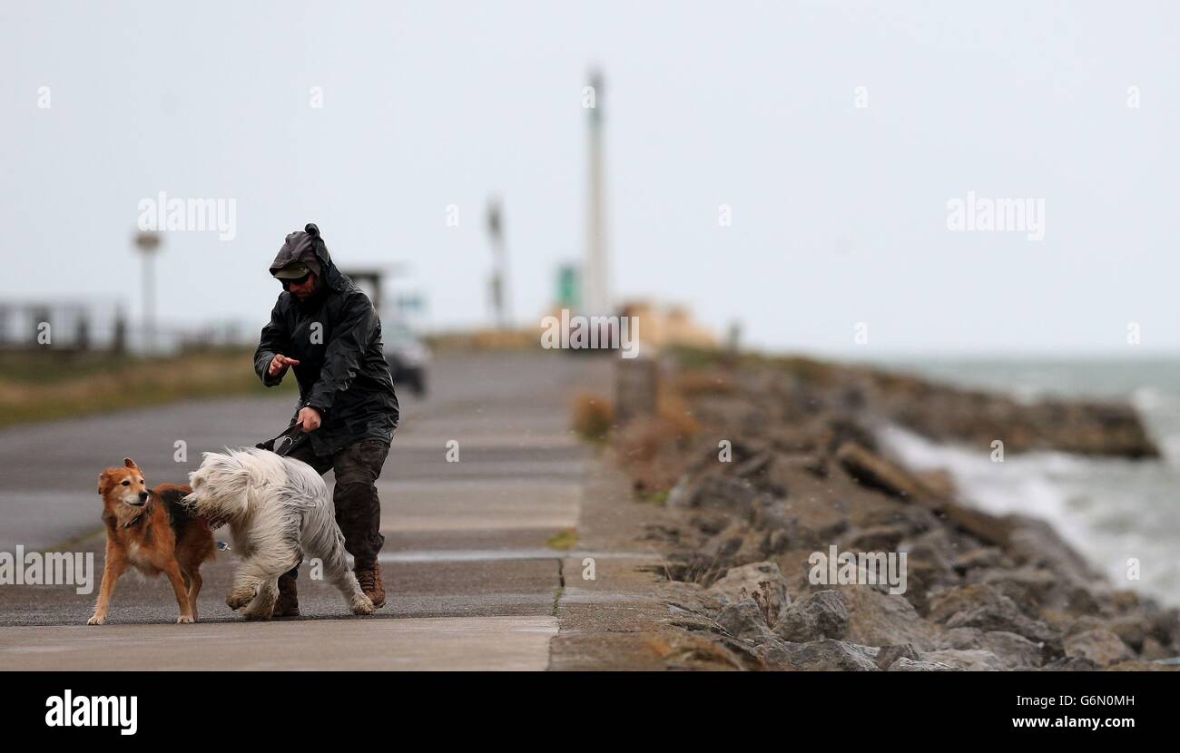 Eamonn O'Brien, von Clontarf, nimmt seine Hunde Daisy (links) und Jasper (rechts) mit auf einen Spaziergang entlang der Stierkampfarena in Dublin trotz der schlechten Wetterbedingungen. Stockfoto