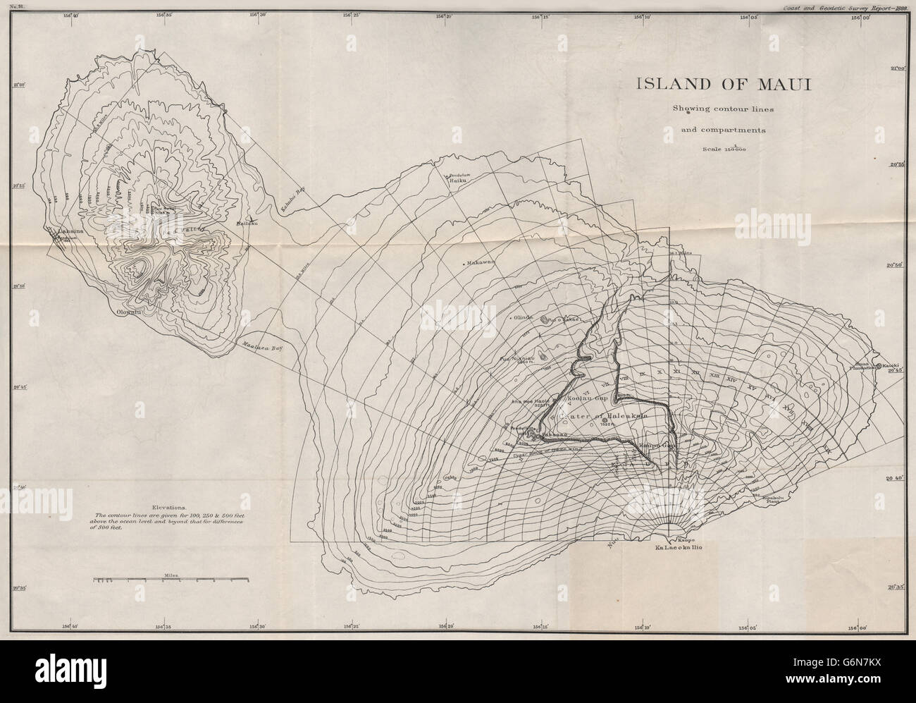 Insel MAUI: zeigt Höhenlinien und Fächer. Hawaii. USCGS, 1889-Karte Stockfoto
