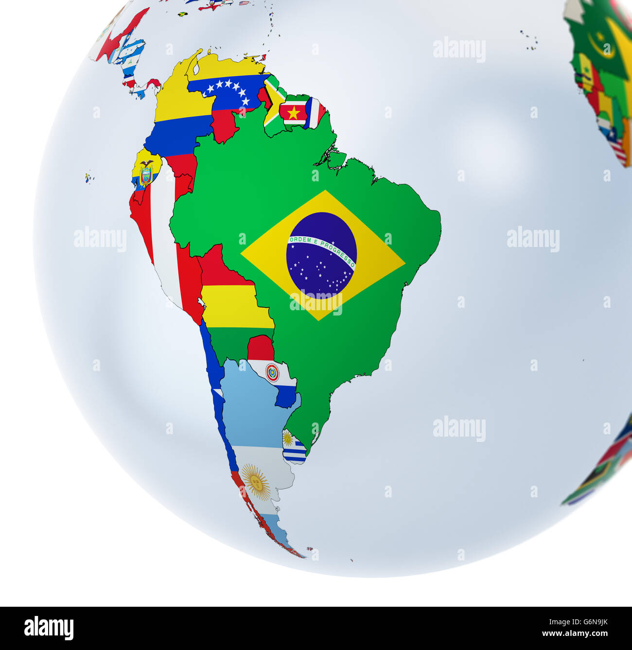 3D-Globus mit Nationalflaggen - 3D-Illustration Stockfoto
