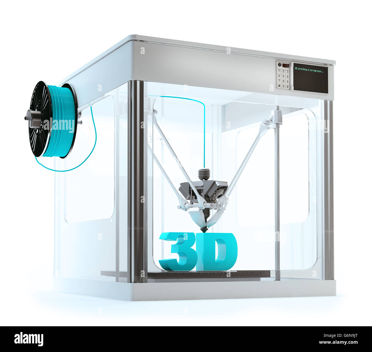 3D-Drucker Maschine drucken einen 3D Text - rapid-Prototyping 3D illustration Stockfoto