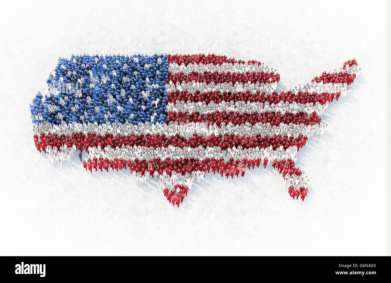 Die Gliederung der USA von Menschen gebildet gekleidet in rot, blau und weiß - 3D-Illustration Stockfoto