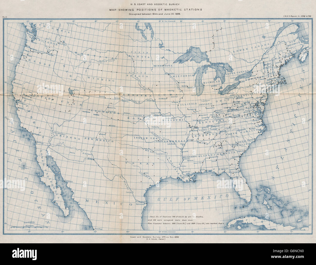USA: Magnetische Untersuchung Stationen. USCGS, 1889 Antike Landkarte Stockfoto