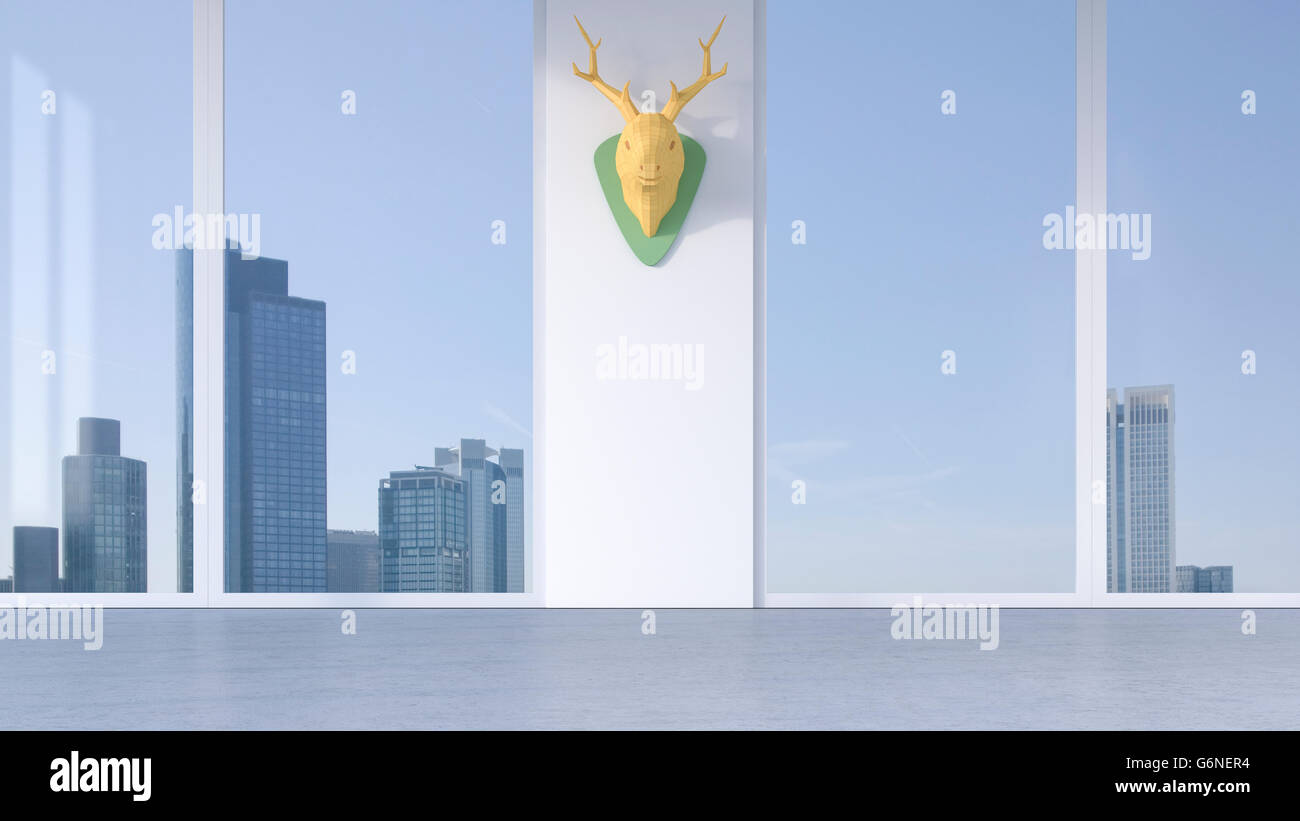 3D-Rendering, Hirschgeweih auf Betonwand in Büro, sykline Stockfoto