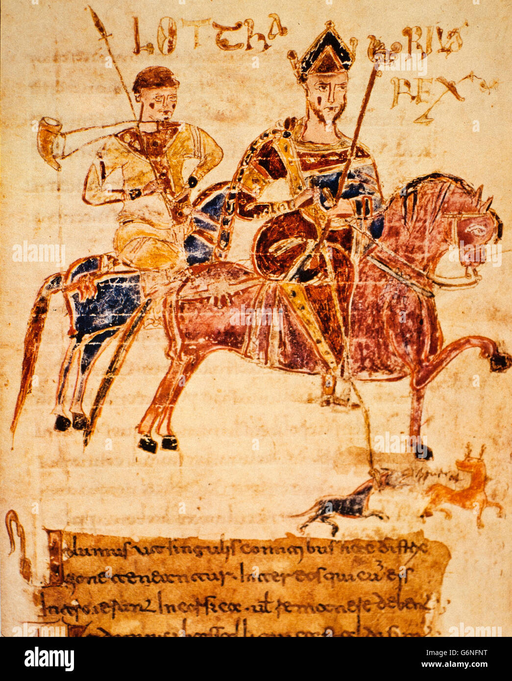 König Lothar auf der Jagd Codex legnum Langobardorum Capitularia Regum Francorum - 1005 Badia di Cava Stockfoto