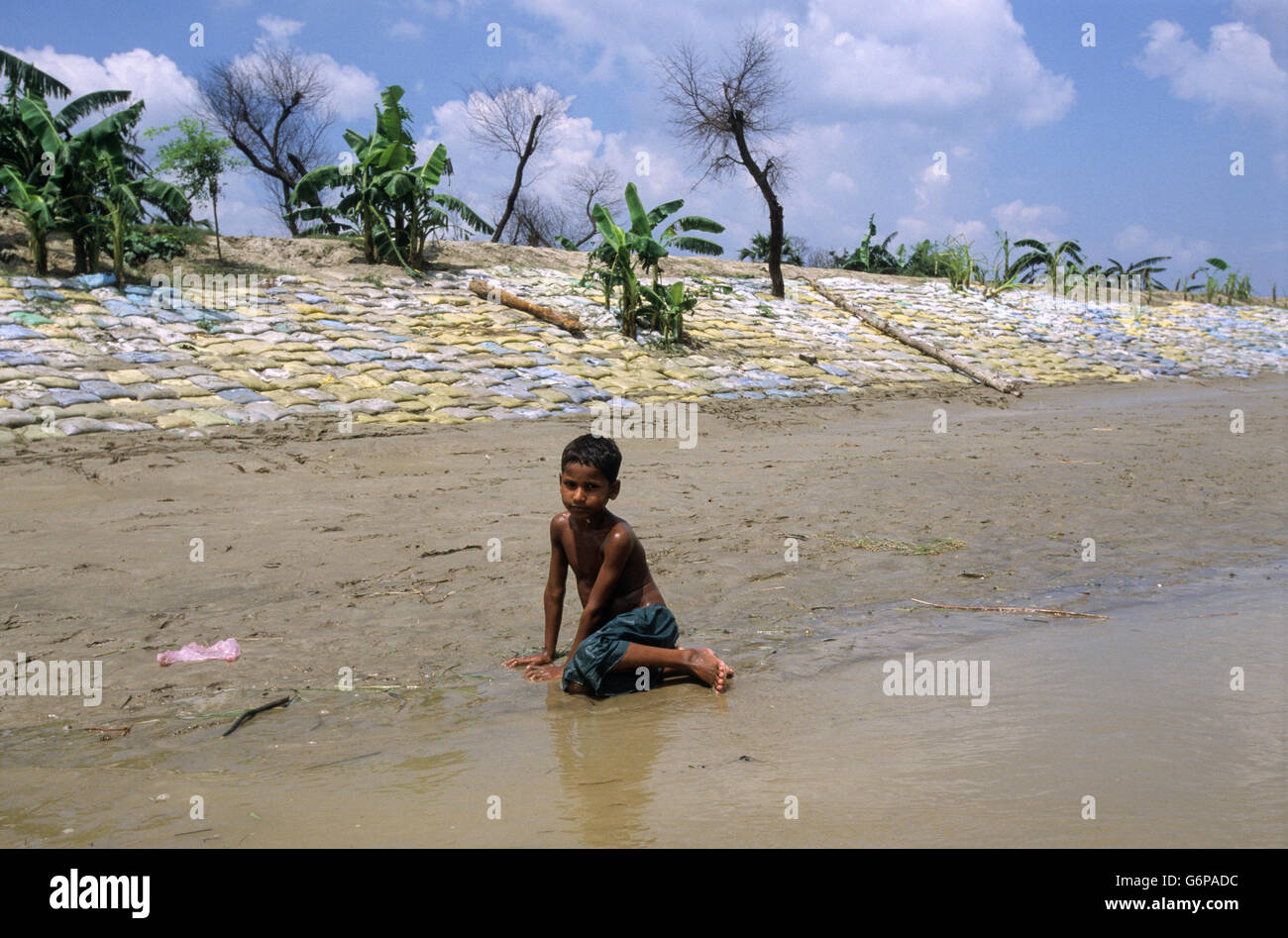 Indien Bihar, untertauchen am Bagmati Fluss eine Filiale des Ganges durch schwere Monsun regnet und Abschmelzen der Himalaya-Gletscher, Deich mit Sandsäcken repariert Stockfoto