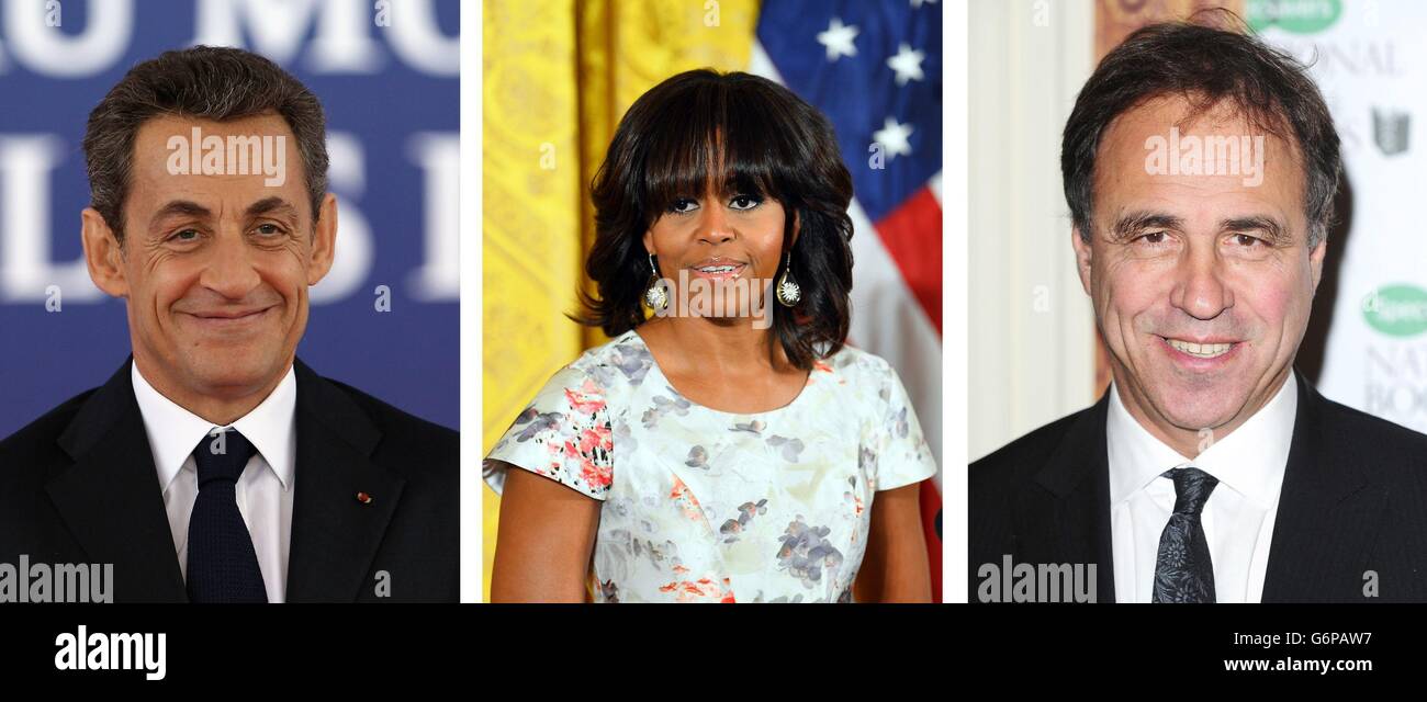 Fotos von Nicolas Sarkozy, Michelle Obama und Anthony Horowitz. Stockfoto