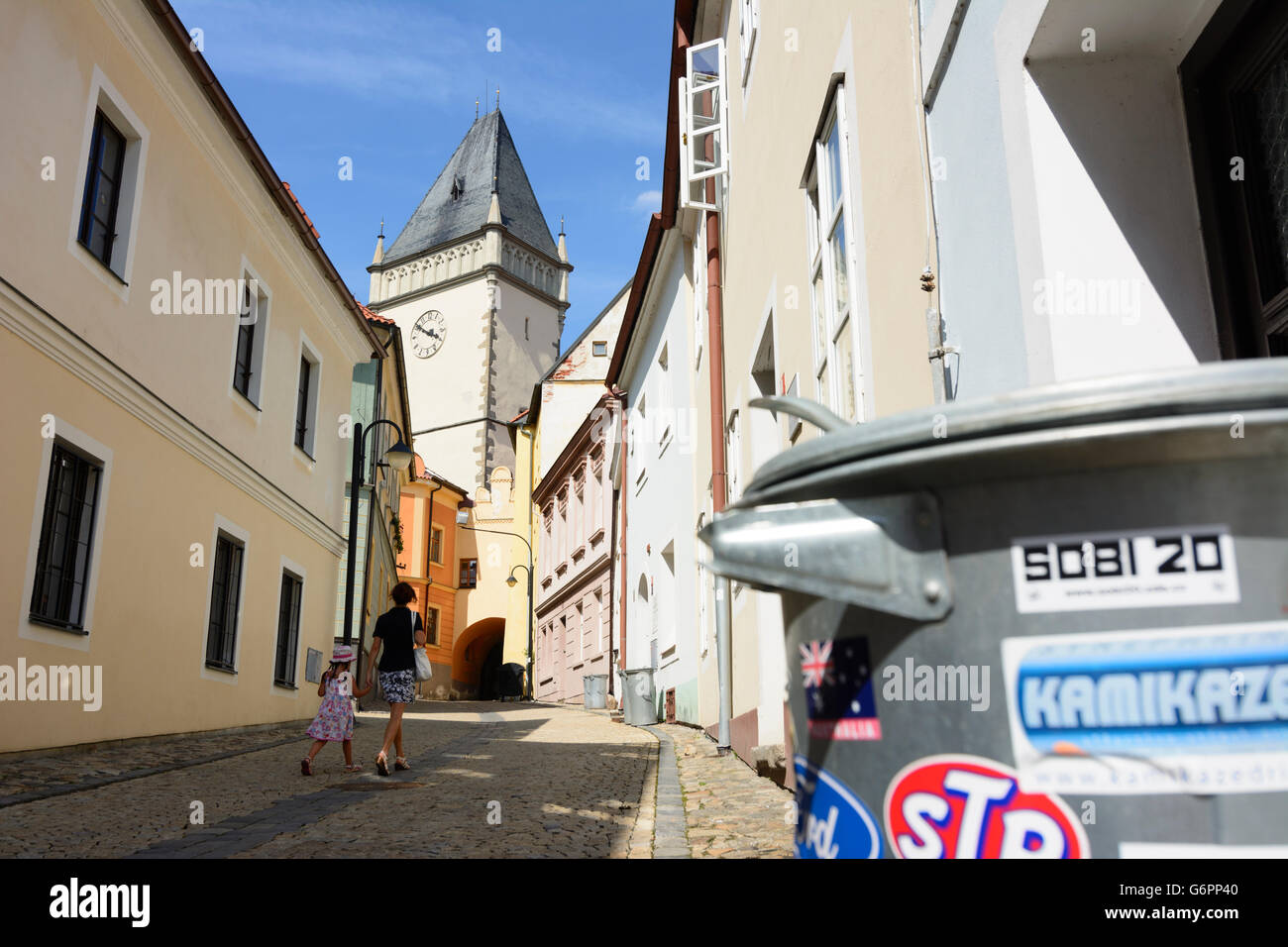 Gasse M. Husky, Rathaus, Tabor, Tschechische Republik, Jihocesky, Südböhmen, Südböhmen, Stockfoto