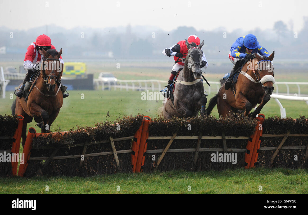 Rocky Stone von Jason Maguire (rechts) schlägt Over My Head von Gerald Quinn und Big Sound von Grant Cockburn (ganz links), um das Handicap Hurdle Race wetherbyracing.co.uk auf der Wetherby Racecourse zu gewinnen. Stockfoto