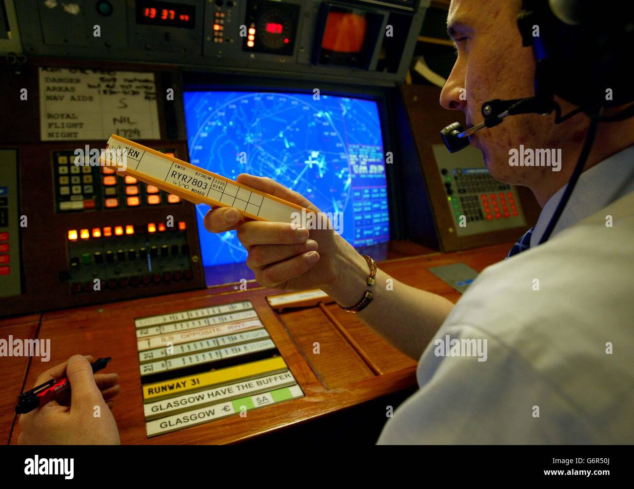 Allgemeiner Blick auf Glasgow, den internationalen Flughafen Prestwick, den Flugverkehrsradarraum. Stockfoto