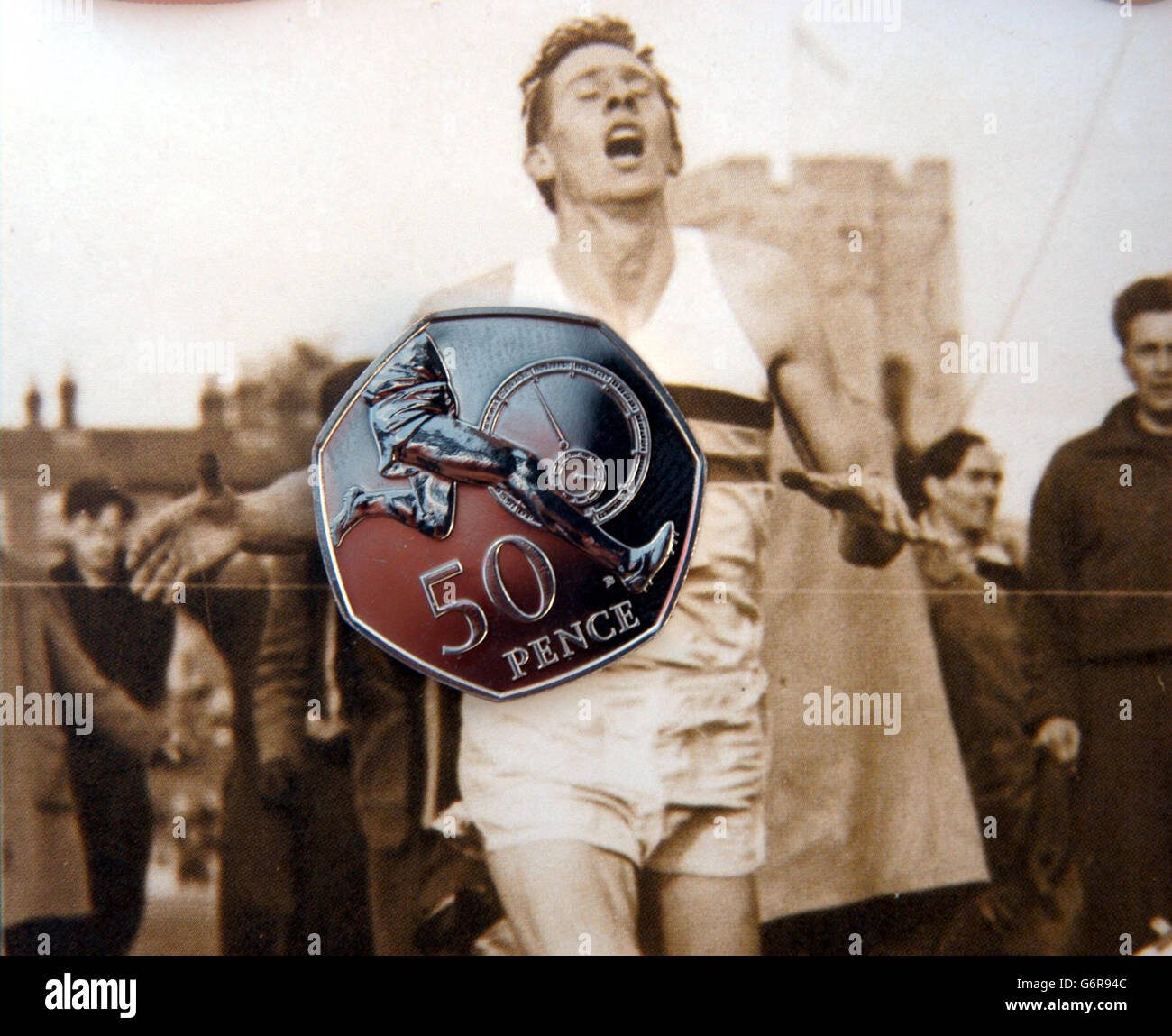 Sir Roger Bannister startet neue königliche Münze 50p Münze Stockfoto