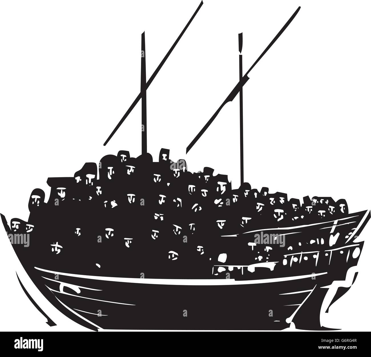 Holzschnitt-Stil Bild einer Menschenmenge von Flüchtlingen ein einem traditionellen arabischen Schiff eine Dhau genannt Stock Vektor