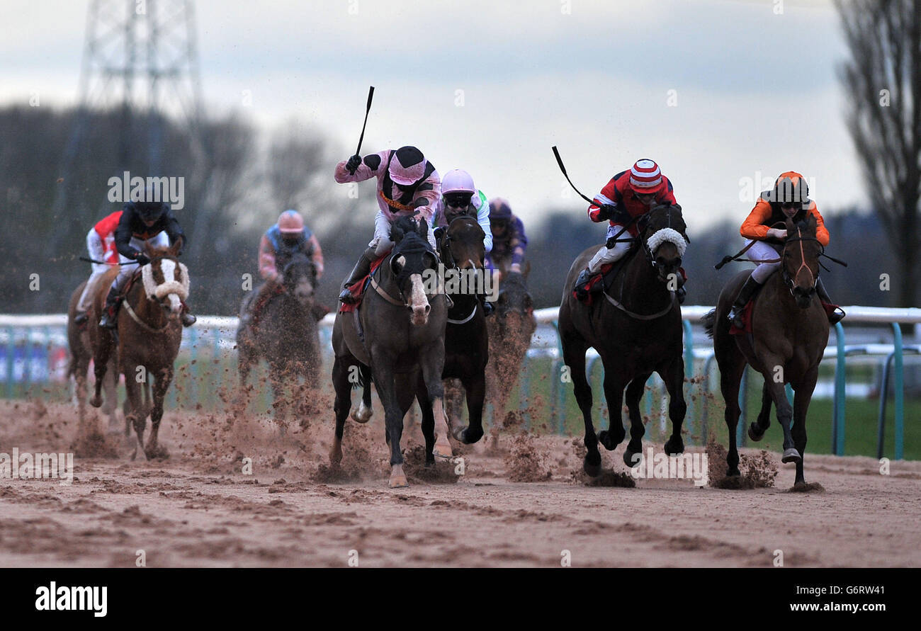 Elusive Hawk mit Chris Catlin (Mitte) gewinnt die Compare Bookmakers bei bookmakers.co.uk Selling Stakes auf der Southwell Racecourse, Newark-on-Trent, Nottinghamshire. Stockfoto