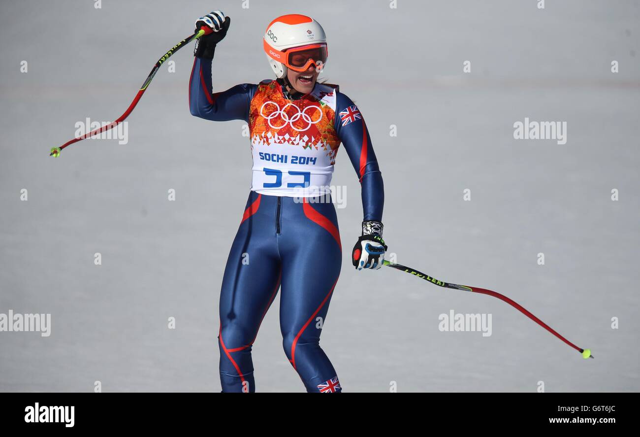 Die britische Chemmy Alcott nach ihrem Lauf in der Damenabfahrt im Rosa Khutor Alpine Center während der Olympischen Spiele 2014 in Sotschi in Krasnaya Polyana, Russland. Stockfoto