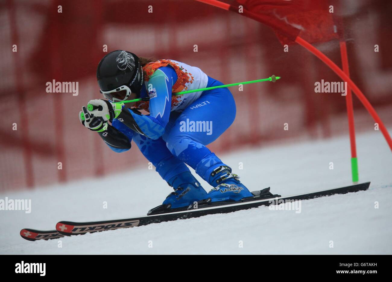 Die Slowenin Tina Maze gewinnt den Riesenslalom-Lauf 2 der Damen im Rosa Khutor Alpine Center während der Olympischen Spiele 2014 in Sotschi in Krasnaja Poljana, Russland. Stockfoto