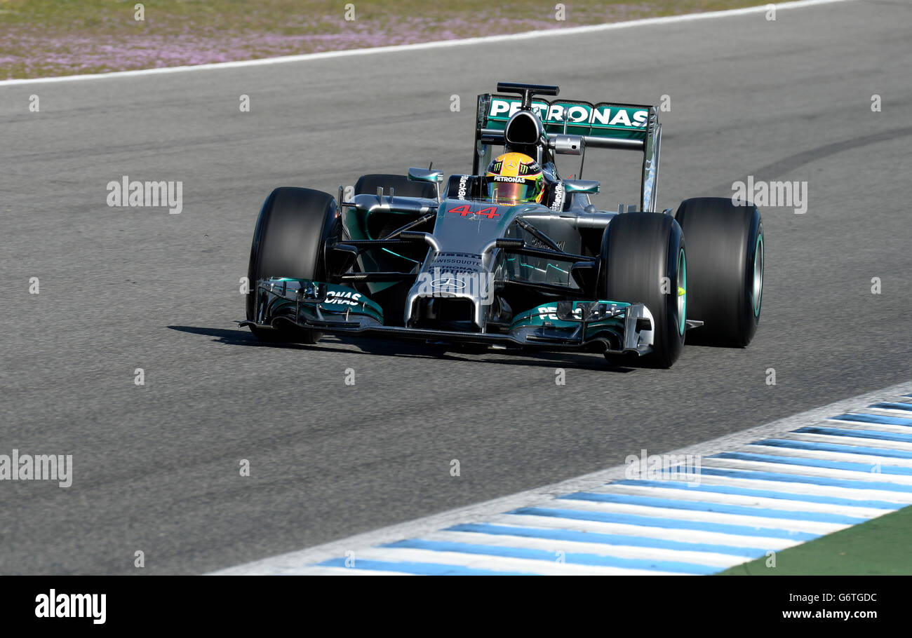 Mercedes-Pilot Lewis Hamilton, während der Formel-1-Prüfung 2014 auf dem Circuito de Jerez, Jerez, Spanien. Stockfoto