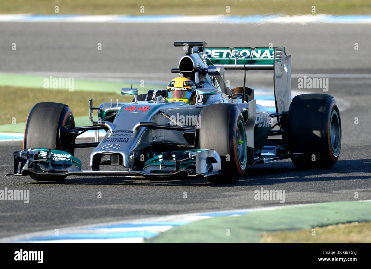 Formel 1 - 2014 Tests - Tag drei - Circuito de Jerez. Mercedes-Pilot Lewis Hamilton, während der Formel-1-Prüfung 2014 auf dem Circuito de Jerez, Jerez, Spanien. Stockfoto