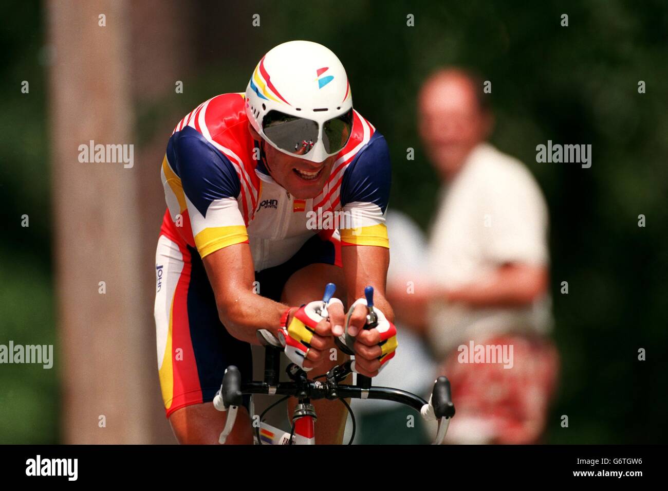 03-AUG-96. Die Olympischen Spiele In Atlanta. Radfahren. Männer: Individuelle Zeitprüfung. Der spanische Miguel Indurain ist in Aktion unterwegs Stockfoto