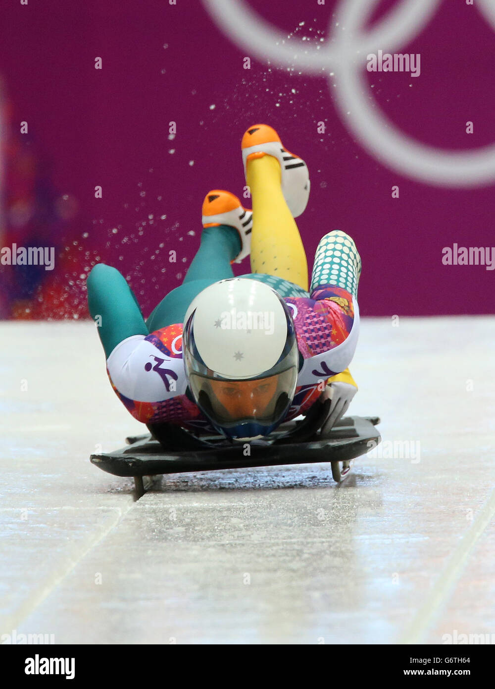 Olympische Winterspiele In Sotschi - Tag 6. Die Australier Lucy Chaffer in ihrem ersten Lauf des Women's Skeleton Stockfoto