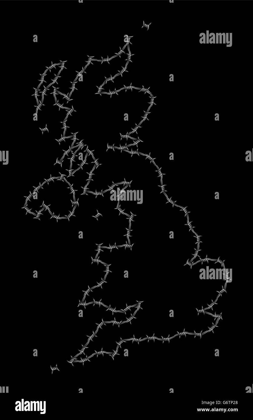 BREXIT - Stacheldraht um isolierte Großbritannien. Darstellung auf schwarzem Hintergrund. Stockfoto