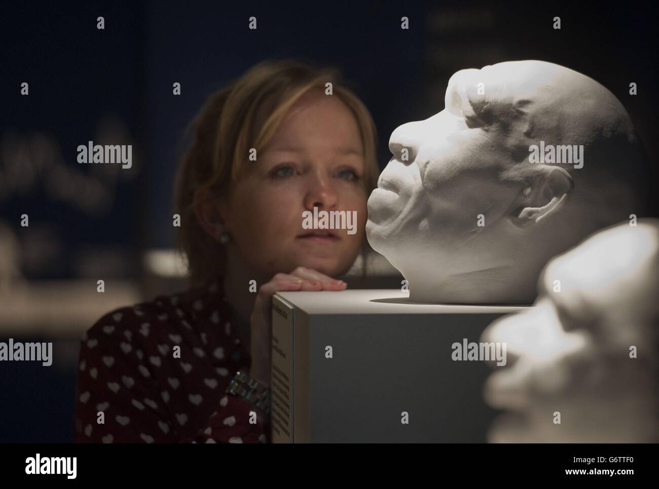 Ein Angestellter des Natural History Museum in London sieht sich die Besetzung eines Homo heidelbergensis-Männchens an, das vor 600,000 Jahren in Großbritannien existierte. Die Abgüsse sind in der Ausstellung „Britain: One Million Years of the Human Story“ des Museums zu sehen, die vom 13. Februar bis zum 28. September 2014 eröffnet wird. Stockfoto