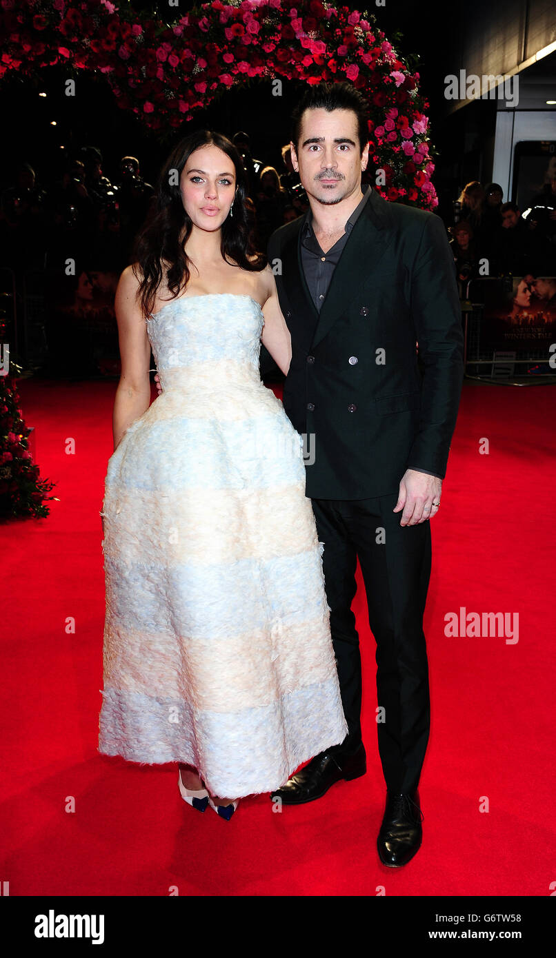 Jessica Brown Findlay (links) und Colin Farrell bei der Premiere VON A New York Winter's Tale im Odeon Kensington, London. Stockfoto