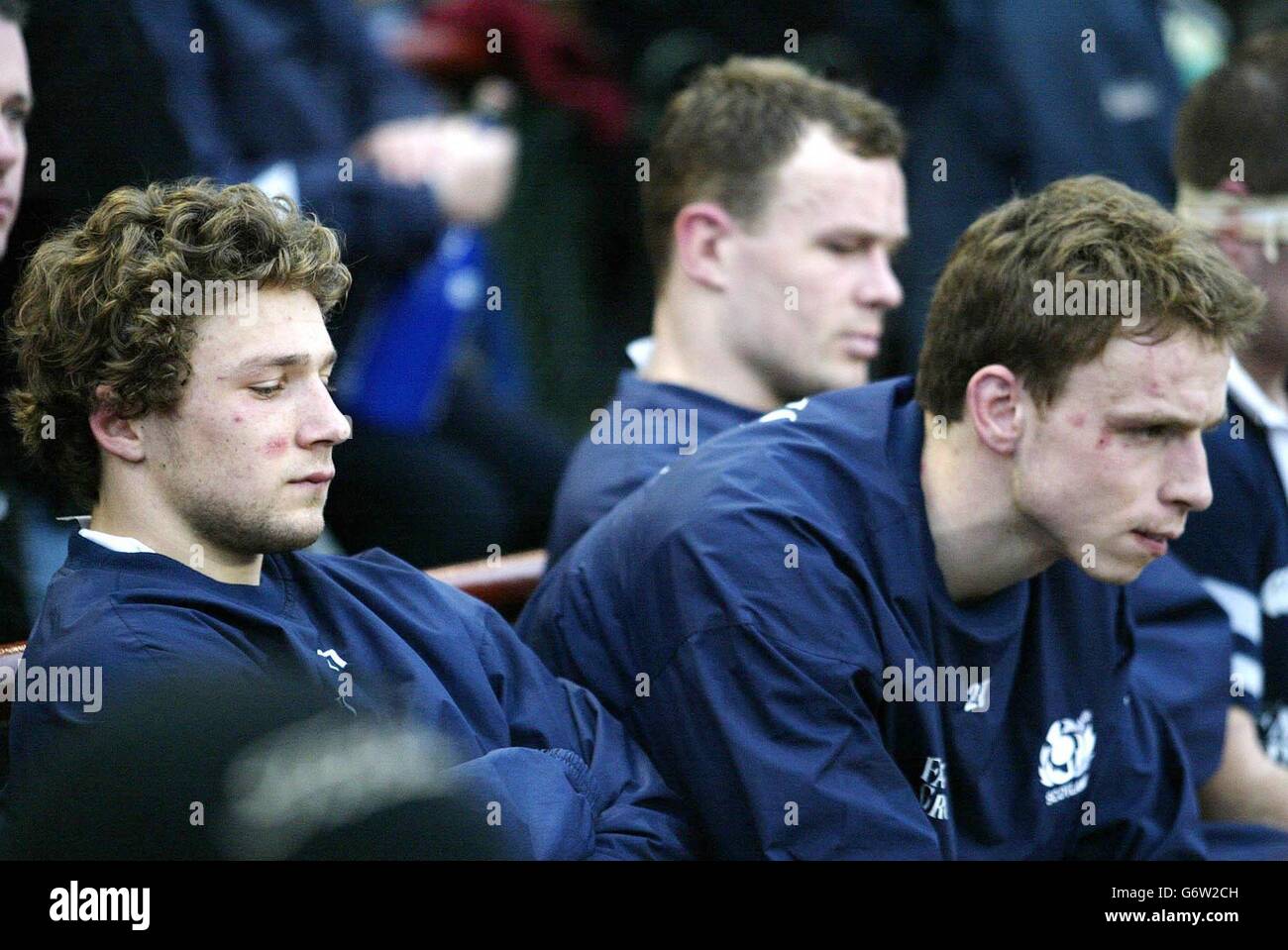 Der schottische Chris Cusiter (links) Andrew Henderson (rechts) und Stuart Grimes (Mitte) sitzen in dejection während ihres RBS 6 Nations-Spiels in Lansdowne Road, Dublin, am 27 2004. März. Stockfoto