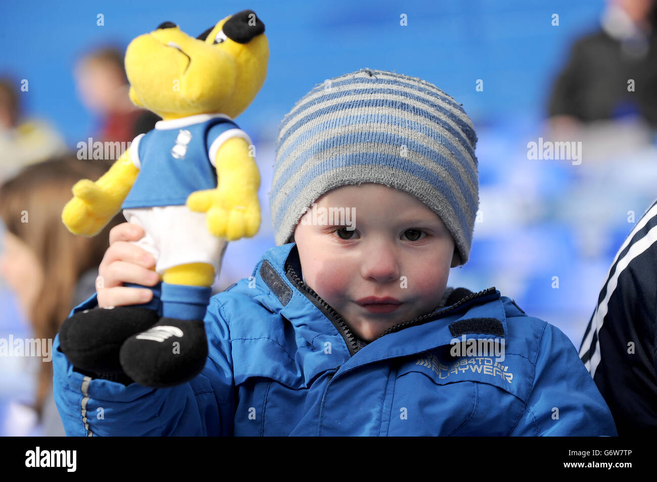Fußball - Sky Bet Championship - Birmingham City / Queens Park Rangers - St Andrews. Ein junger Birmingham City-Fan mit seinem Beau Brummie-Spielzeug vor dem Spiel Stockfoto
