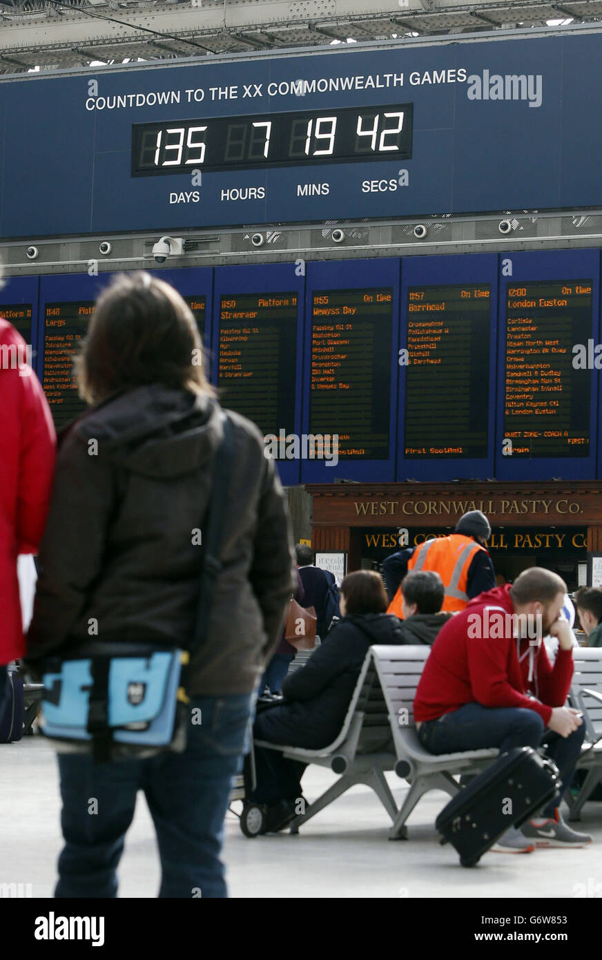 Sport - Offizielle Countdown-Uhr Glasgow 2014 Einschalten - Hauptbahnhof Glasgow. Die korrekte Uhrzeit wird auf der offiziellen Countdown-Uhr Glasgow 2014 im Hauptbahnhof von Glasgow, Schottland, angezeigt. Stockfoto