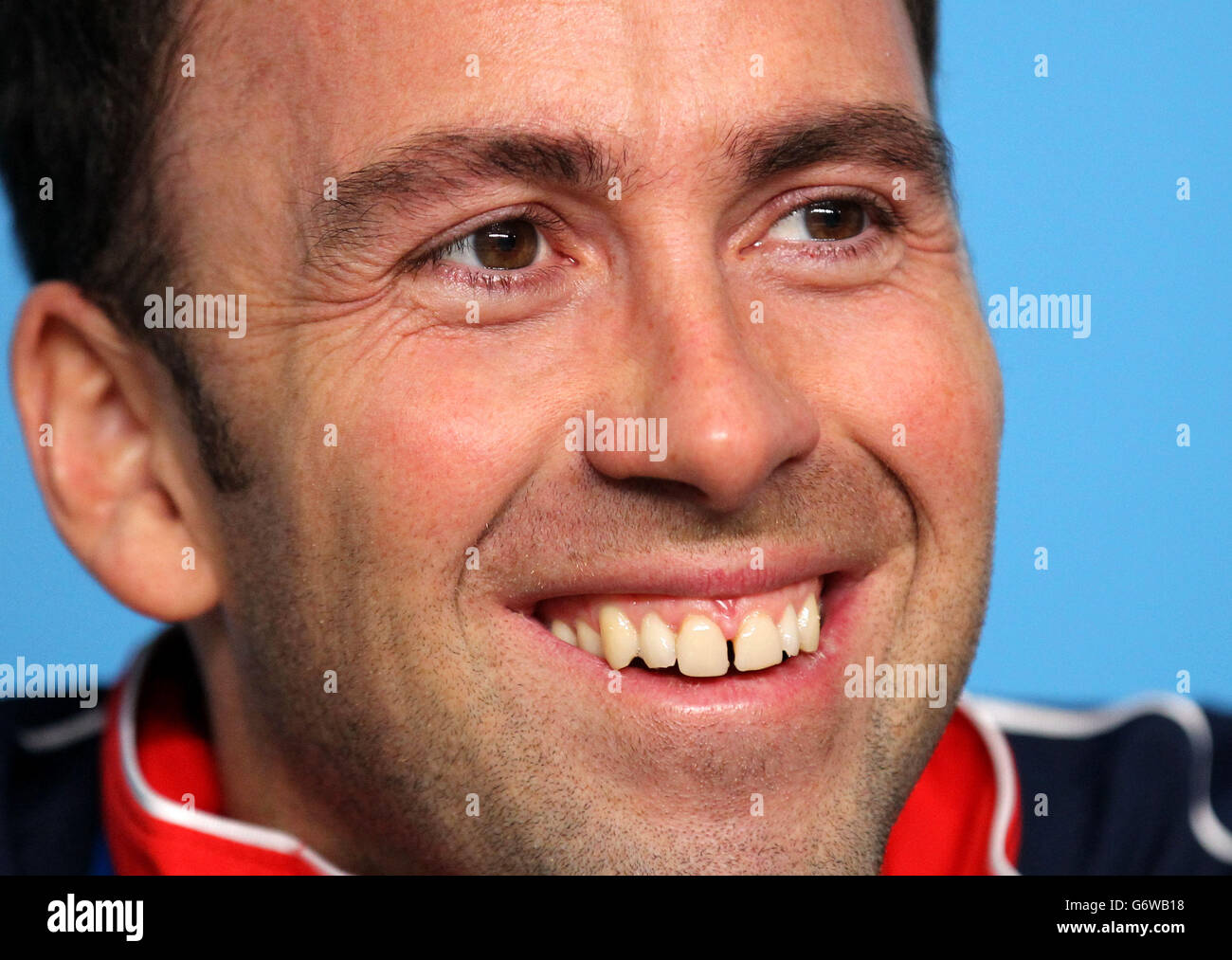 Großbritannien Skip David Murdoch während einer Pressekonferenz nach ihrem Goldmedaillenspiel im Eiswürfelcurling-Zentrum während der Olympischen Spiele in Sotschi 2014 in Sotschi, Russland. Stockfoto