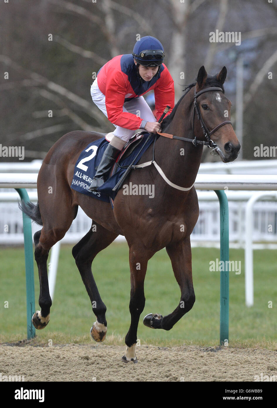 Pferderennen - Rennbahn Lingfield. Abdankung geritten von Jockey Luke Morris gehen, um für den Beitrag 32Red Immortal Romance Slot behauptet Einsätze Stockfoto