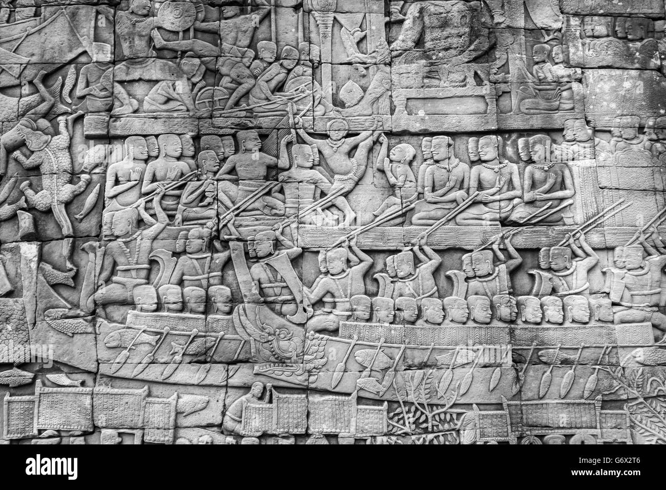 Bayon Flachreliefs, südliche Galerie, Seeschlacht auf dem Tonle Sap zwischen Khmer und Cham zwingt, Angkor Thom, Kambodscha Stockfoto