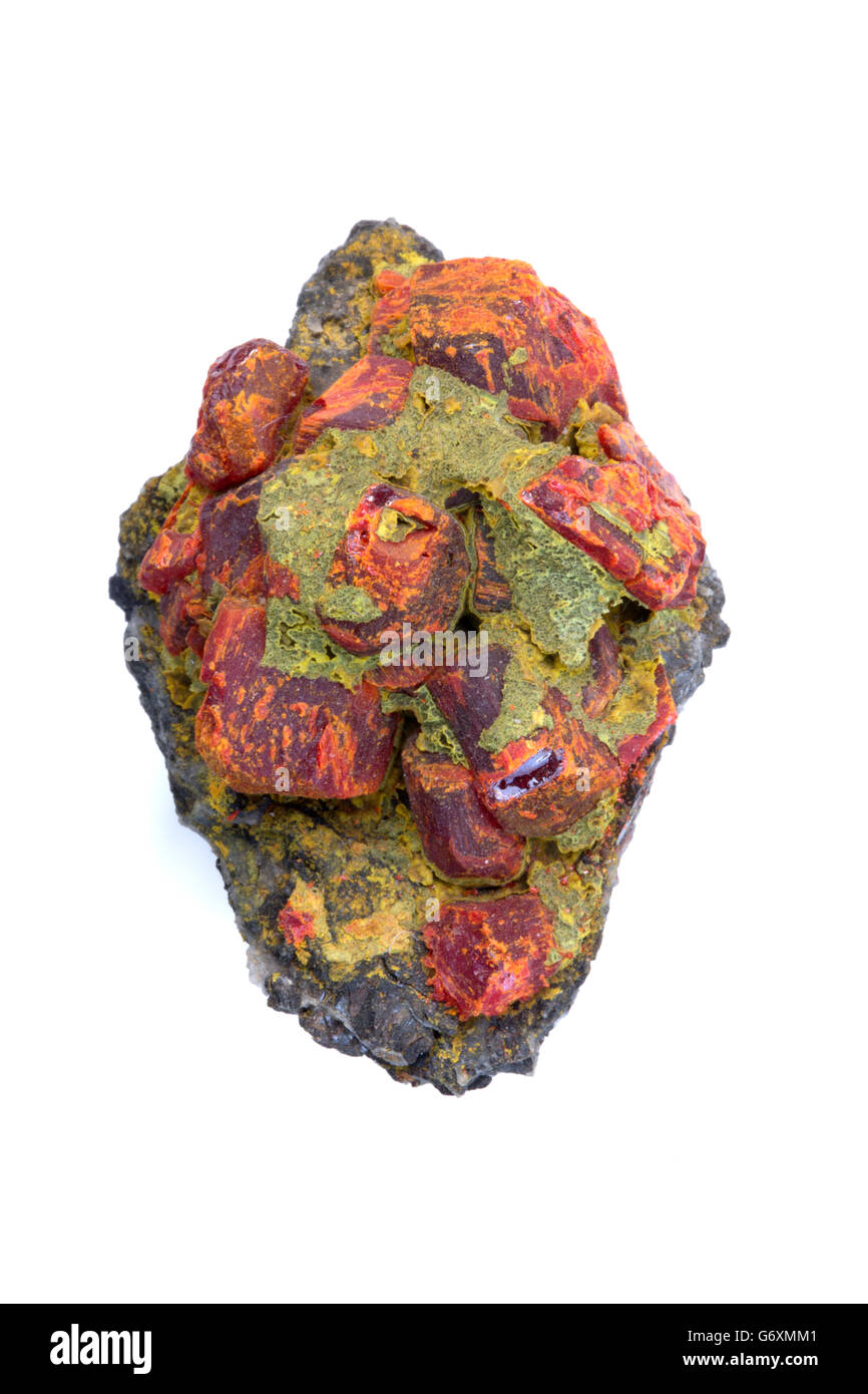 Realgar (rot) und Rhusma (gelb), Arsen Sulfid Mineralien, Erzminerale von Arsen, Peru Stockfoto