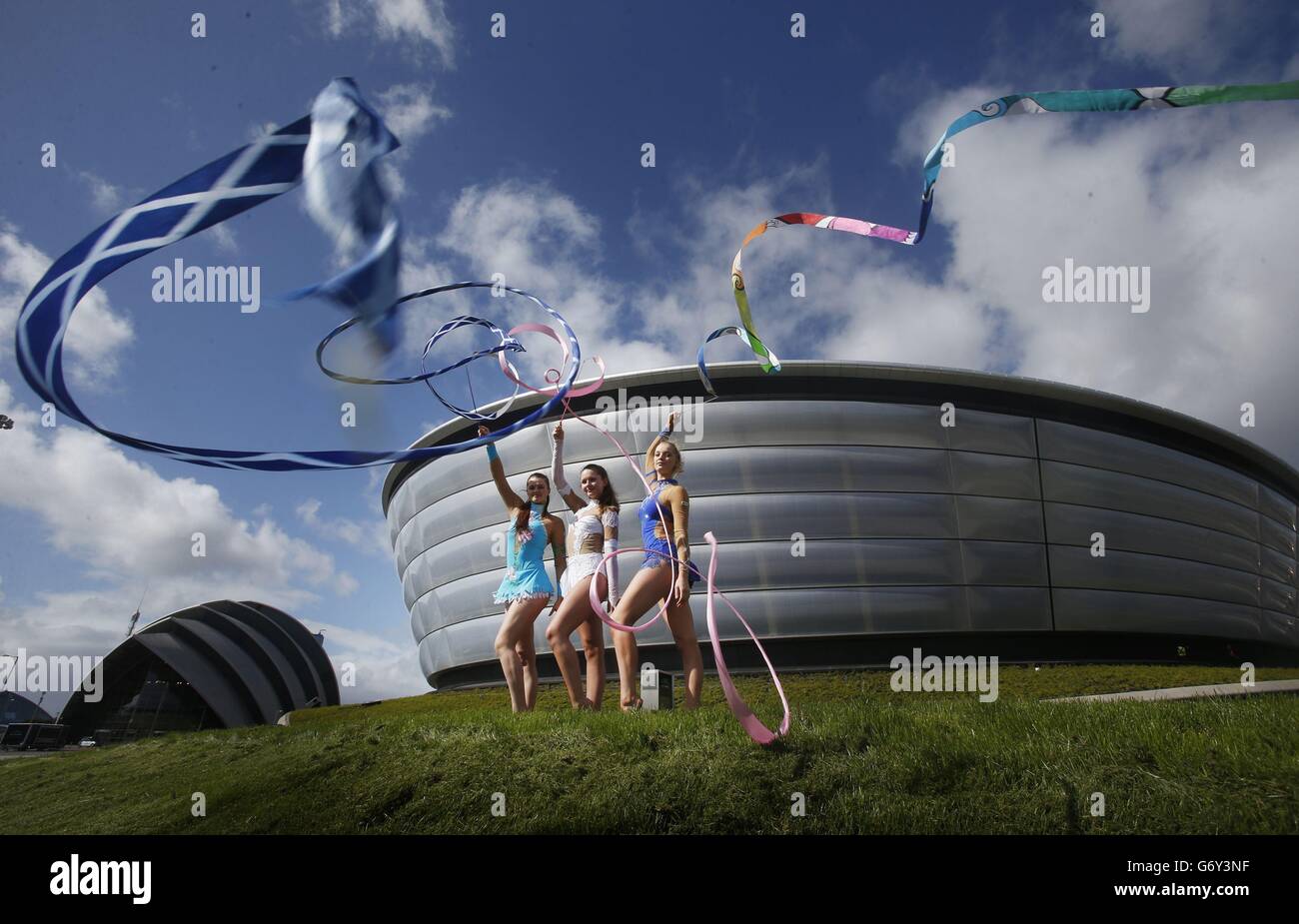 Team Scotland Turnen Mitglieder (von links nach rechts) Victoria Clow, Lauren Brash und Rebecca Bee während der Teamankündigung im Hydro, Glasgow. Stockfoto