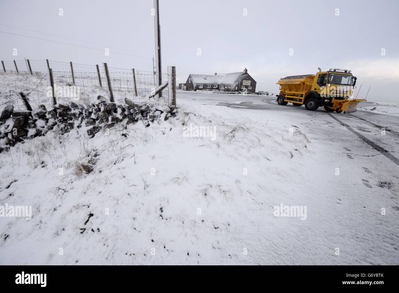 Frühlingswetter 27. März. Schnee heute bei Hartside an der Cumbrian Boarder. Stockfoto