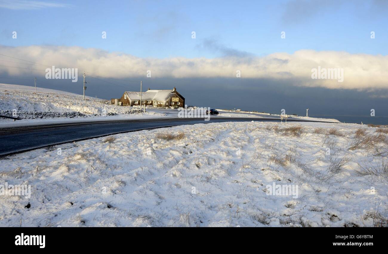 Frühlingswetter 27. März. Schnee heute bei Hartside an der Cumbrian Boarder. Stockfoto